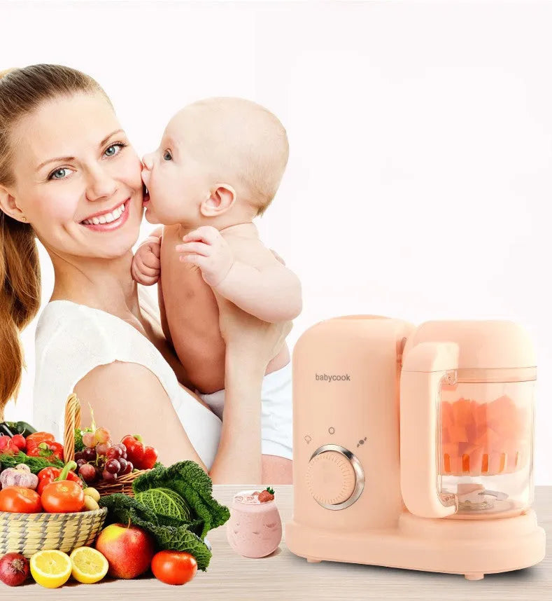 Baby food processor with steamer and blender functions in green or pink colour