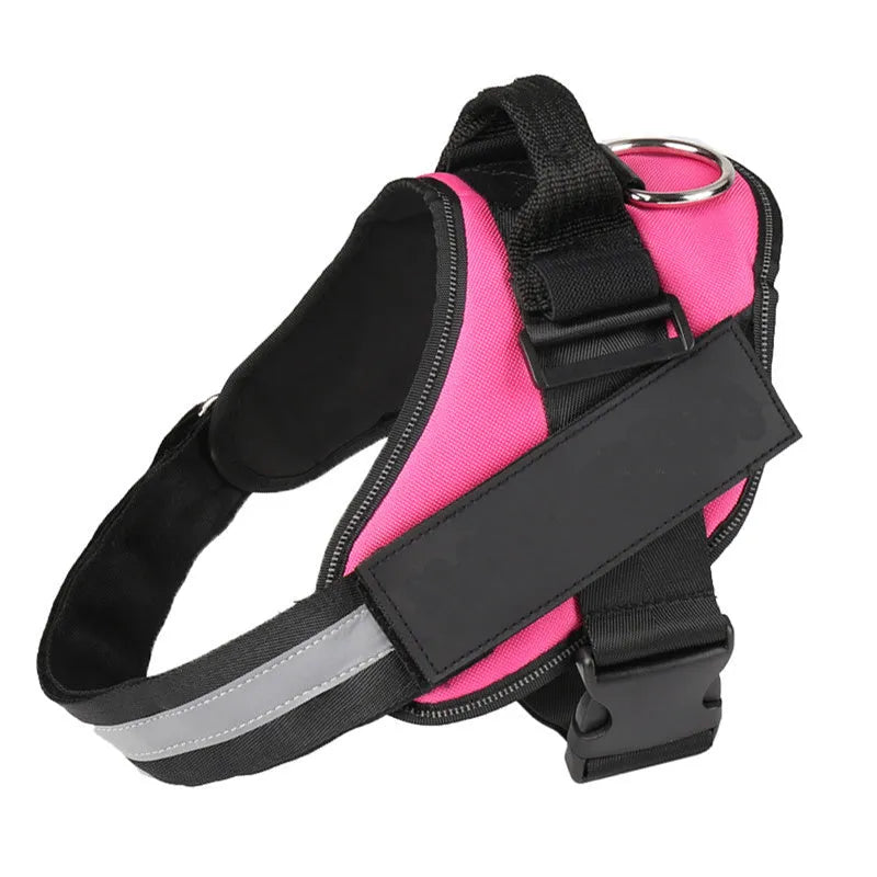 Adjustable no-pull dog harness vest with reflective strips and a chest strap, shown in various colours