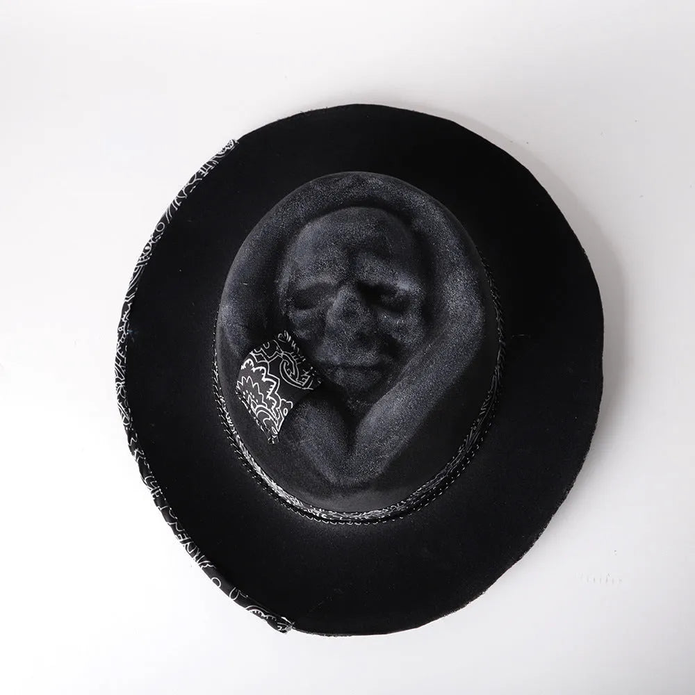 Handmade wool felt skull hat with conical crown in skull hat colour