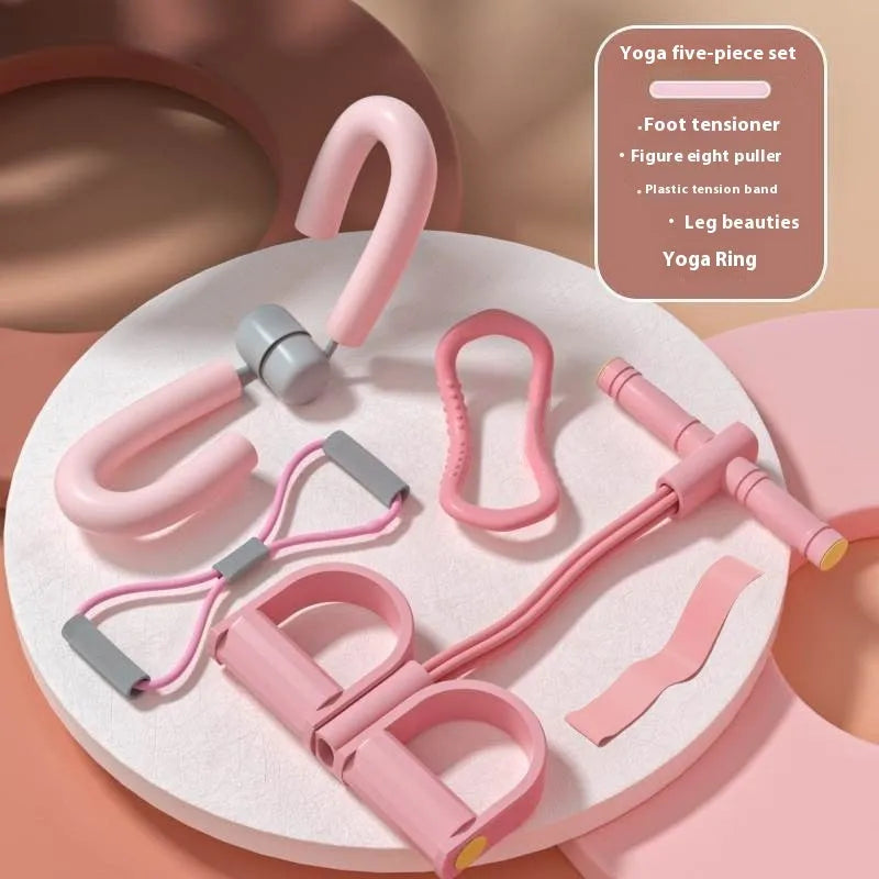 Yoga four piece fitness set showing leg beauty device, yoga ring, pedal tensioner, and figure eight tension rope.