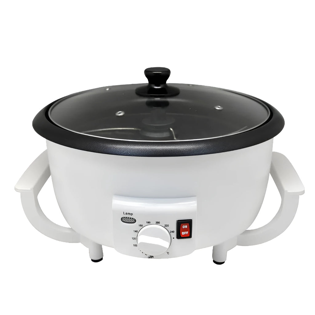 White oblate home coffee bean roasting machine with 750g capacity and 225mm base.