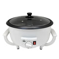 White oblate home coffee bean roasting machine with 750g capacity and 225mm base.