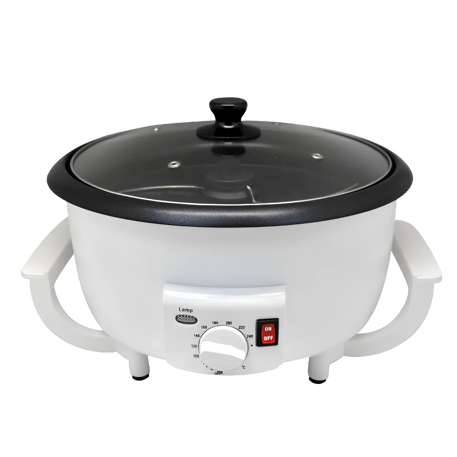 White oblate home coffee bean roasting machine with 750g capacity and 225mm base.