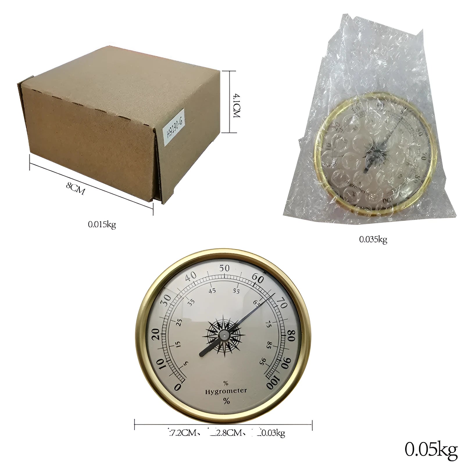 Analogue thermometer and hygrometer with aluminium outer ring and dial