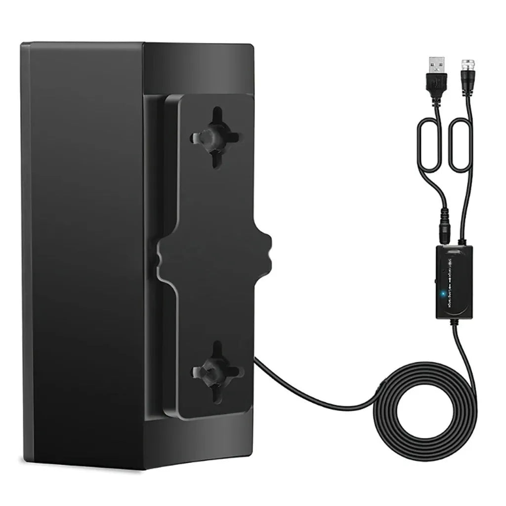 Black HD digital television antenna with mounting accessories including expansion tubes, screws, cable ties and adhesive tape