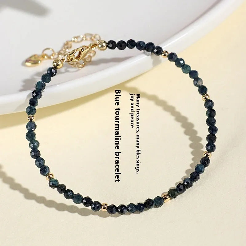 3mm blue tourmaline beaded bracelet with spacer beads for women