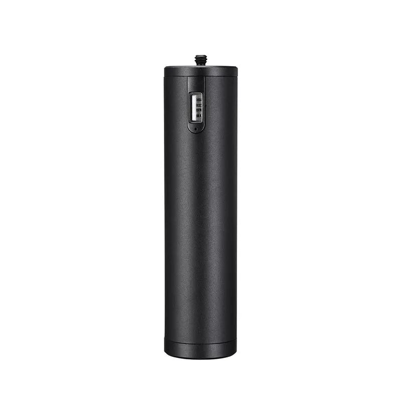 Black aluminium alloy portable power bank with an integrated handle, showing front view with scale.