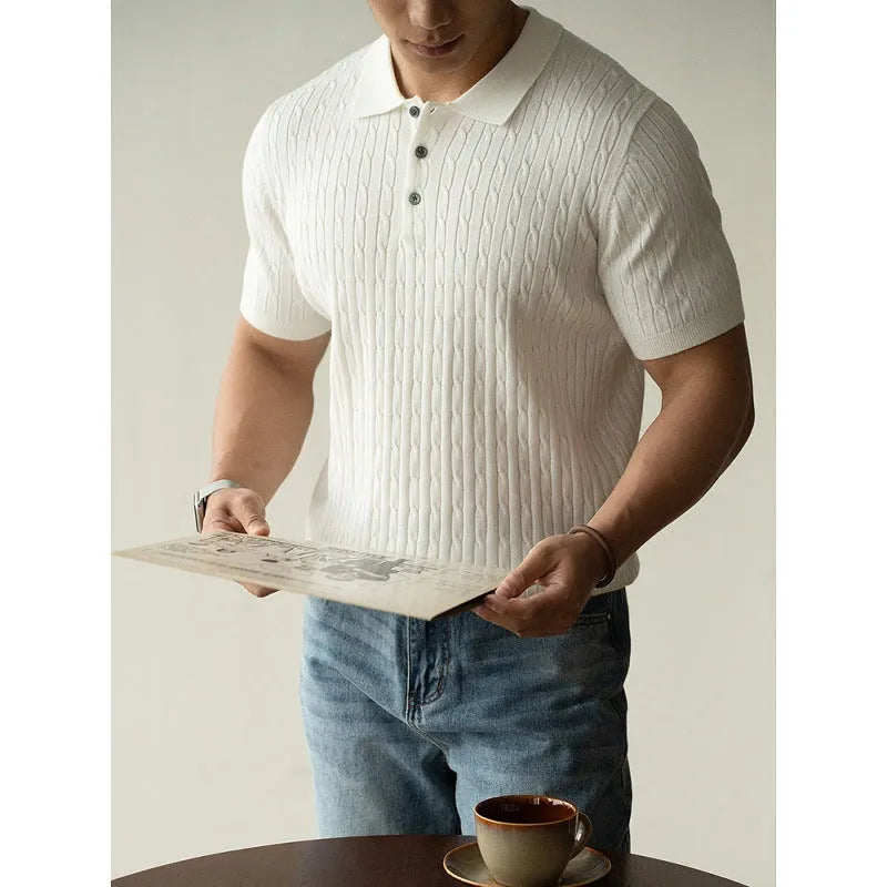 Men's khaki short sleeve polo shirt for business casual wear with Asian sizing labels
