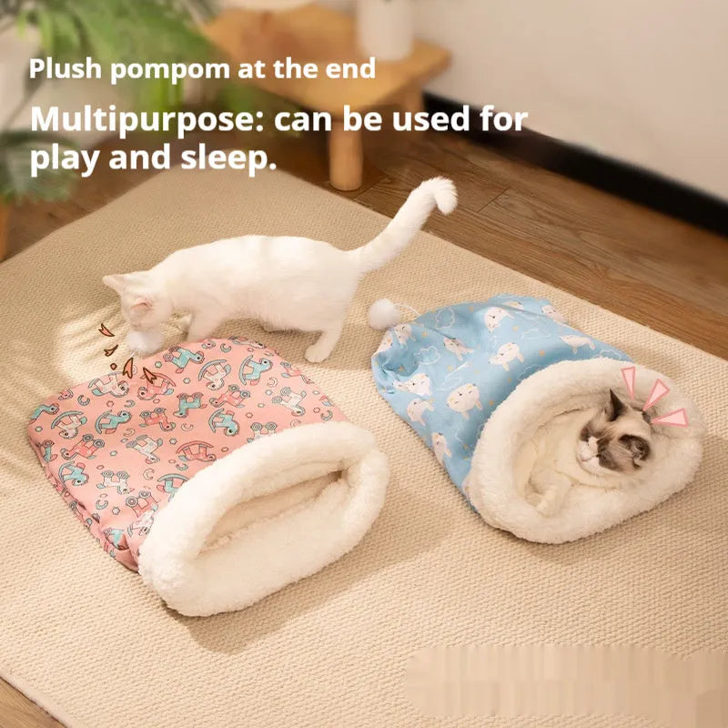 Flannel cat sleeping bag nest in 50x40cm size, shown in pink trojan pattern design.