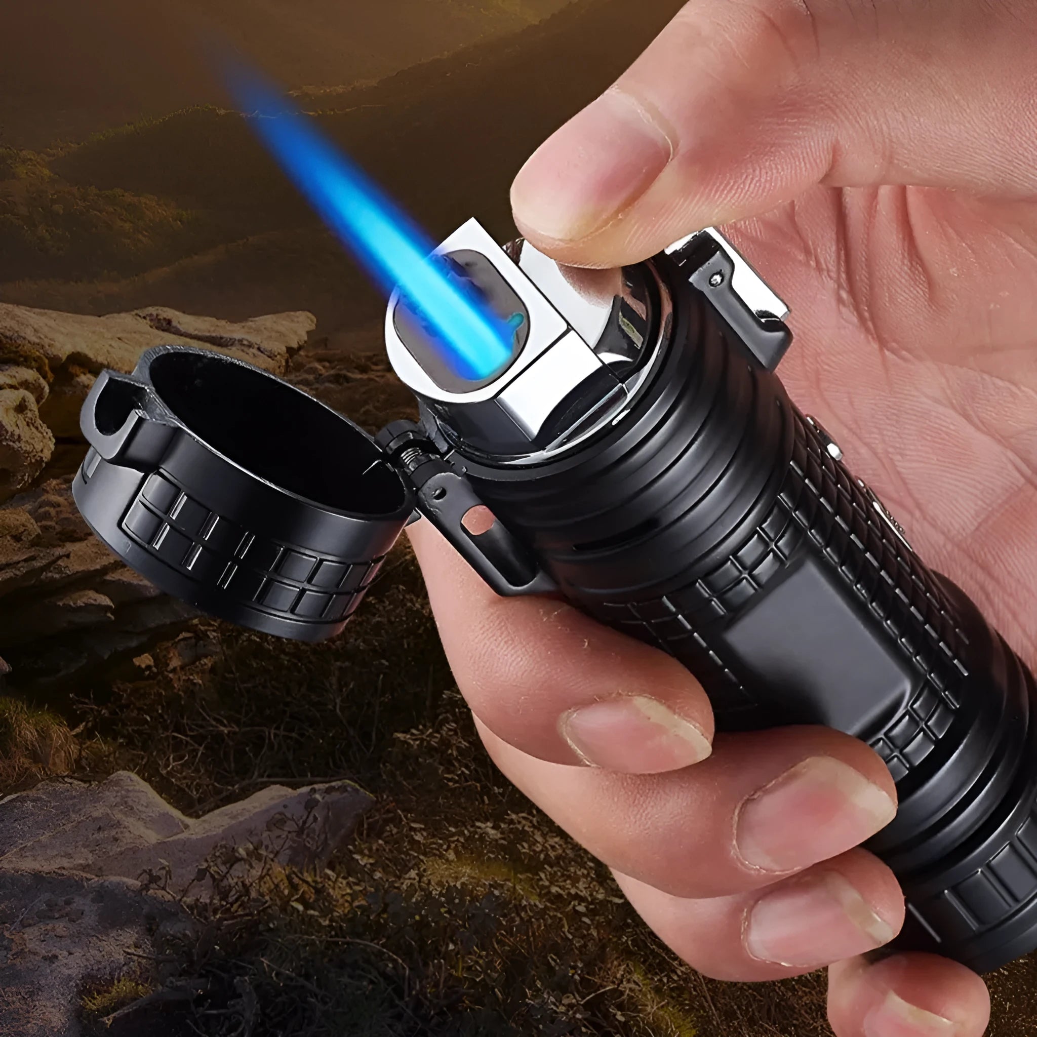 TH727 multi-function metal flashlight lighter in camouflage colour.