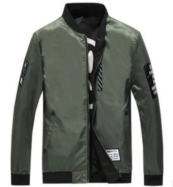 Reversible men's thin flight jacket in striped pattern with zipper, shown in black, blue, and green colours.