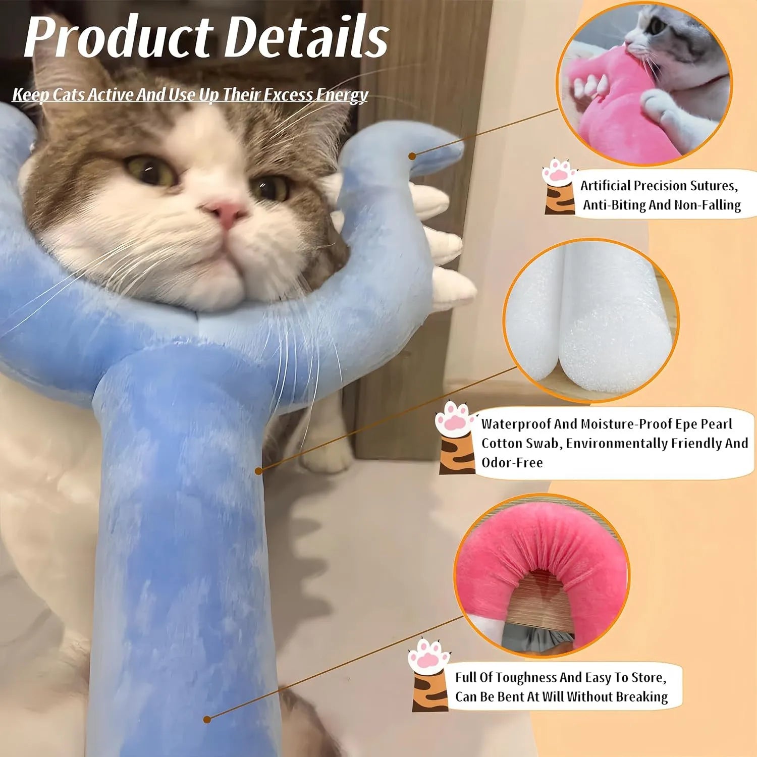 70cm blue plush cat wand toy with foam head for interactive pet play