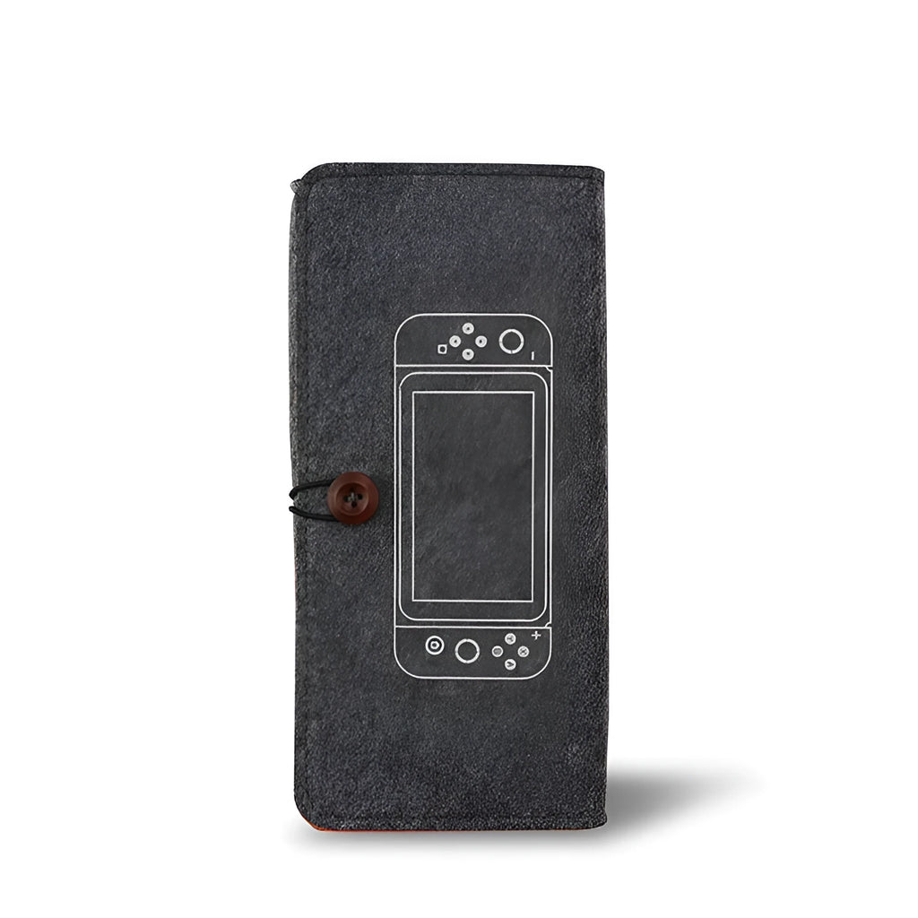 Black felt Nintendo Switch pouch case with game card slots and double layer storage compartments