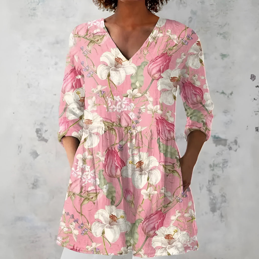 Women's retro slim fit long-sleeved top with digital print pattern in polyester fabric