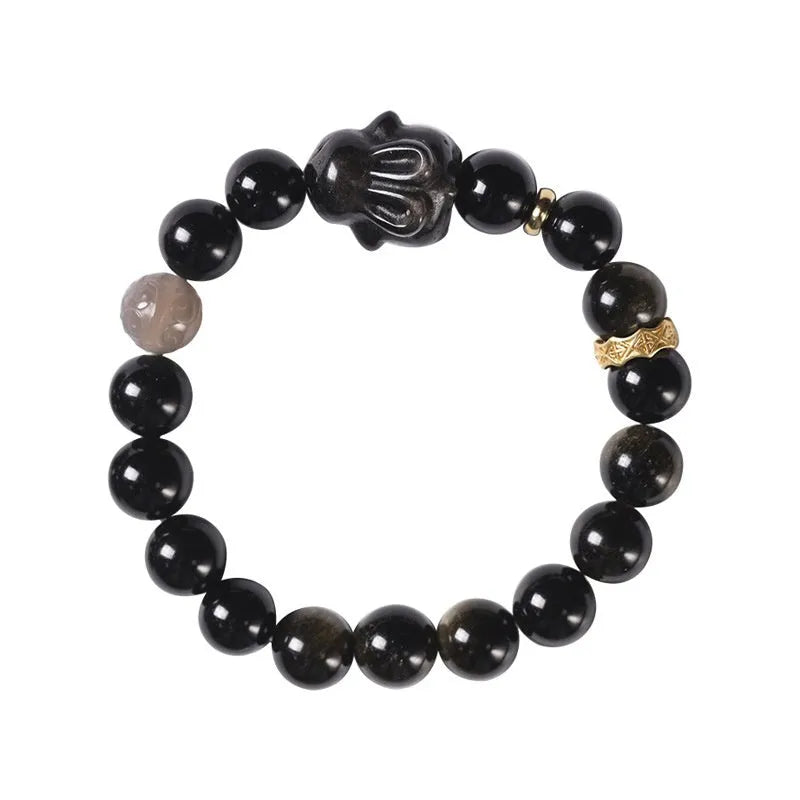 Handmade lying rabbit charm bracelet in Jin Yaoshi or Silver Yaoshi with 8mm or 10mm beads and grey agate accents.