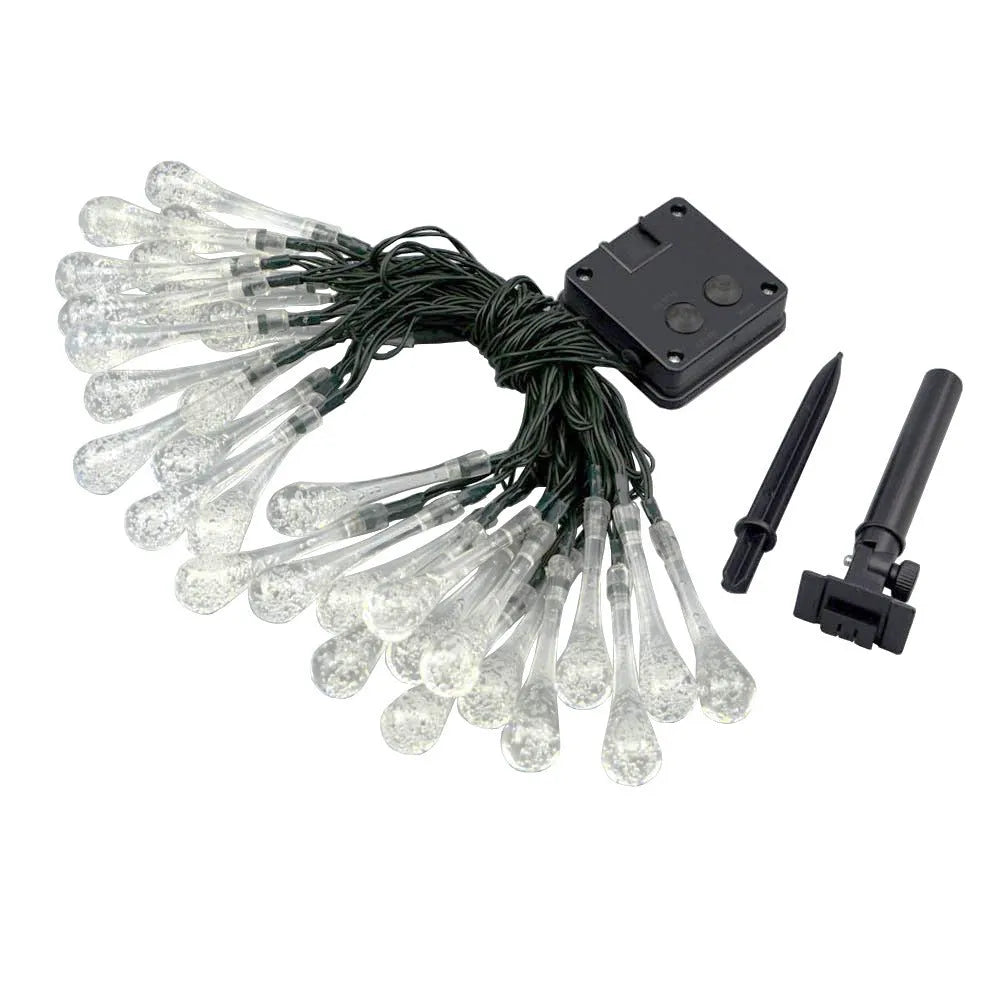 Solar-powered outdoor LED string lights with bubble drop pendants on 6.5 metre cable