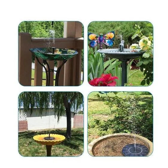 Black solar water fountain pump with four nozzle options for garden ponds and birdbaths