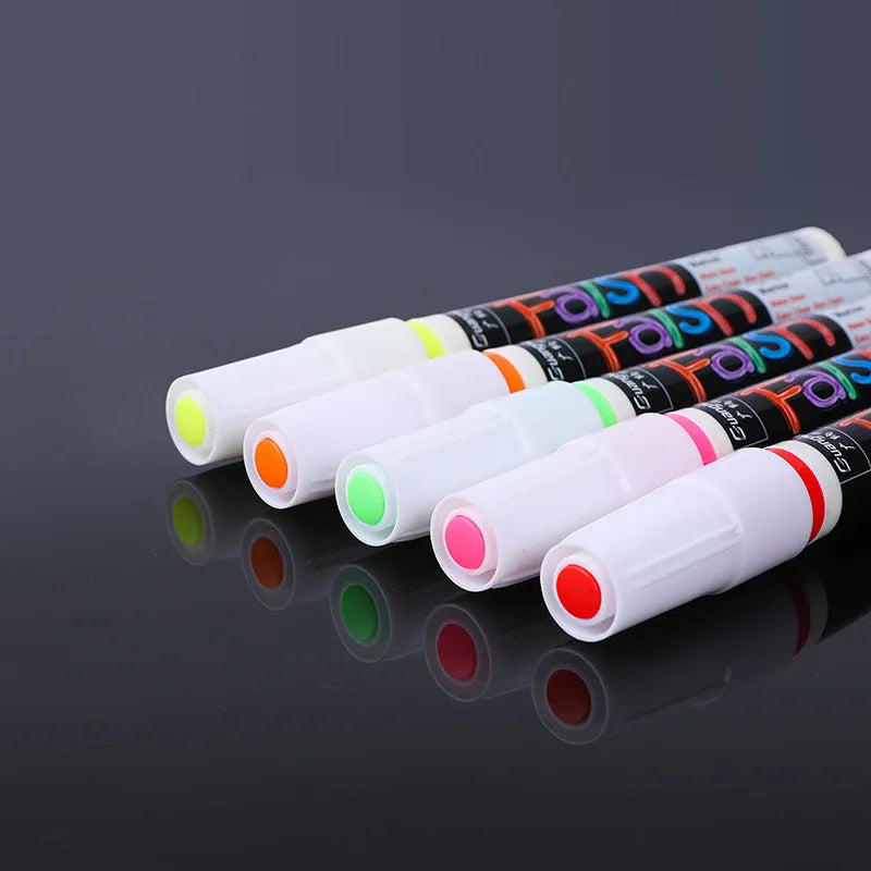 Refillable fluorescent board pen with 6mm chisel tip and pressure valve design in plastic shell