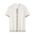 White short-sleeve cardigan with dark contrast lapels, laid flat.