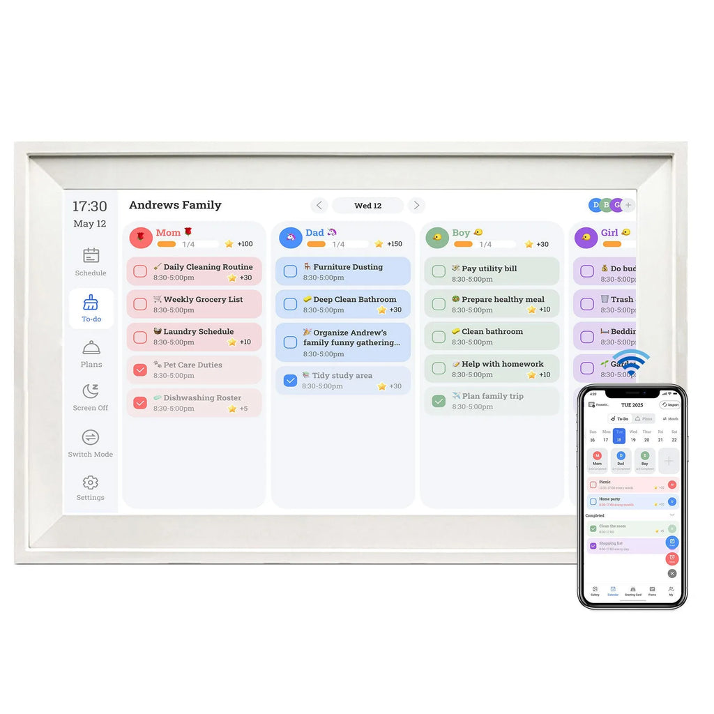 White 15.6 inch smart digital photo frame with app control on a wooden desk.