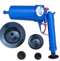 Manual high-pressure plastic drain blaster gun with four rubber suction cup adaptors for unblocking pipes.