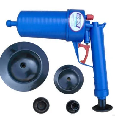 Manual high-pressure plastic drain blaster gun with four rubber suction cup adaptors for unblocking pipes.
