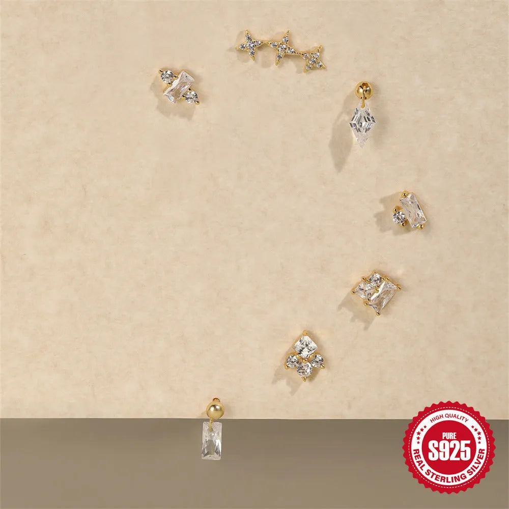Sterling silver flower ear studs with square gravel design and golden orders electroplated finish