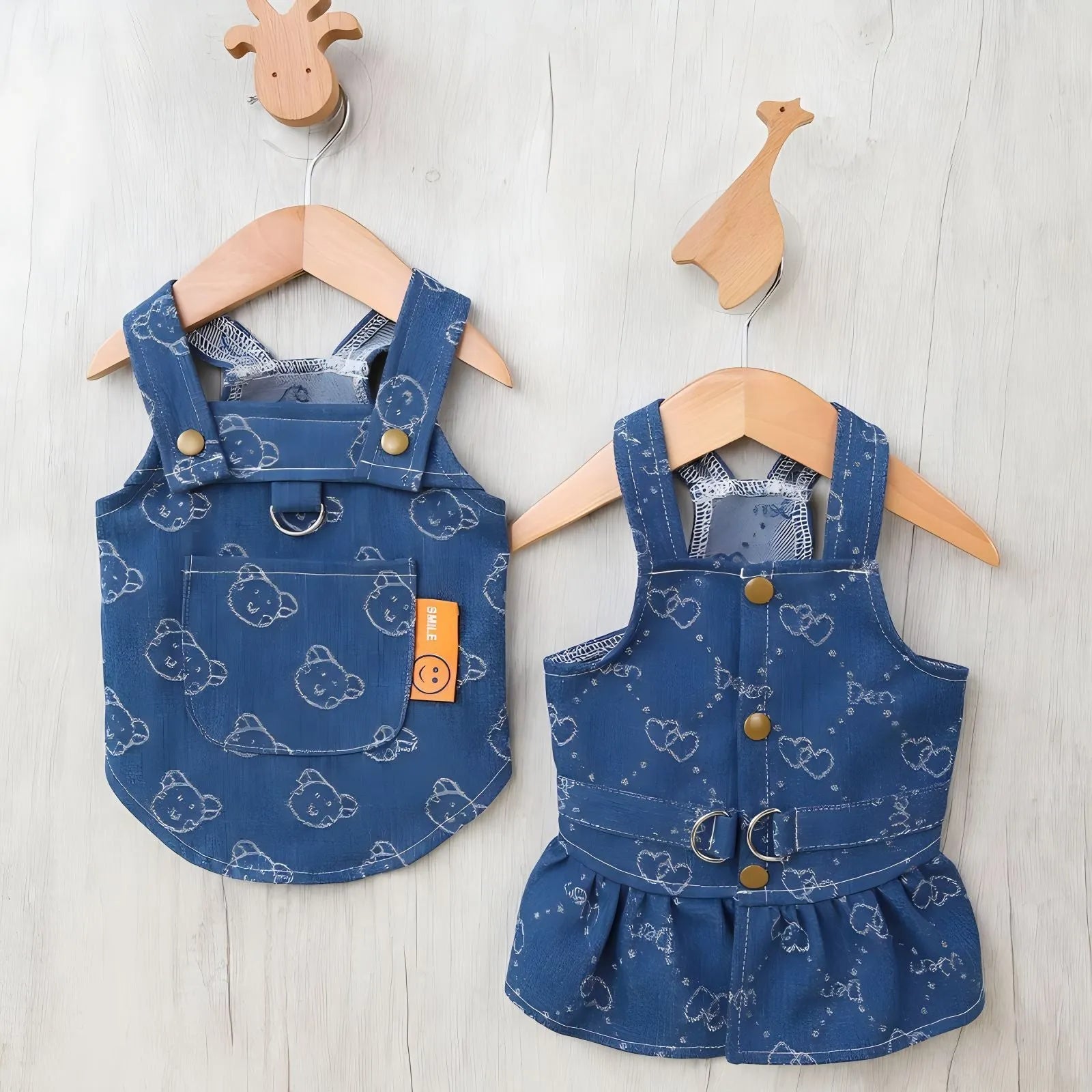Small dog wearing thin denim princess dress with bracket skirt design for spring or autumn weather
