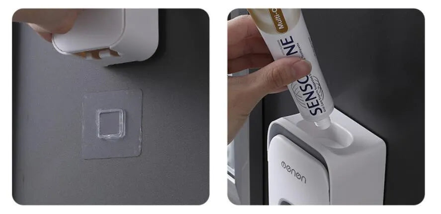 Blue automatic toothpaste dispenser with wall-mount bracket on a bathroom wall