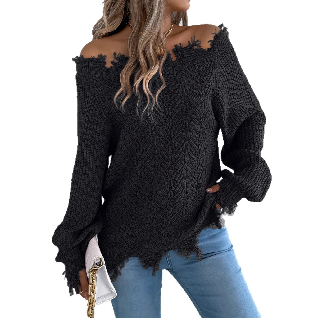 White hollow-out pullover sweater with cut off-the-shoulder design and long sleeves