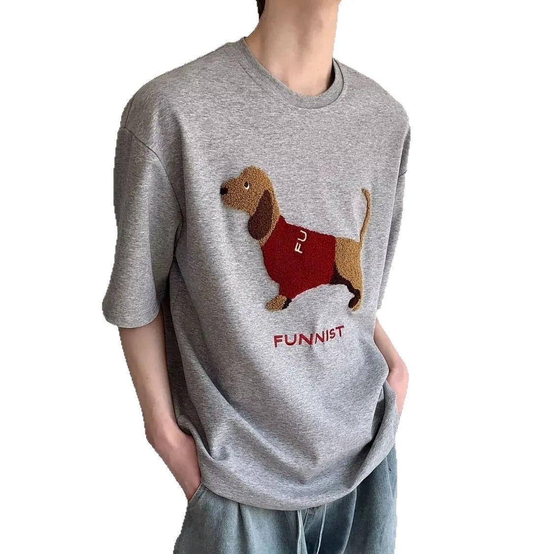 Men's grey T-shirt with embroidered sausage dog towel design on front, short sleeves and round neck