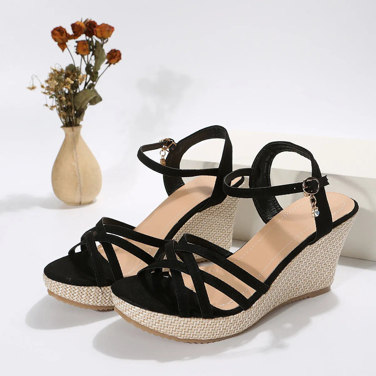 Women's wedge sandals with fish mouth toe design in black or milky white colours