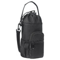 Cloth crossbody water bottle pouch shown in black, green, and pink colours with an adjustable strap.