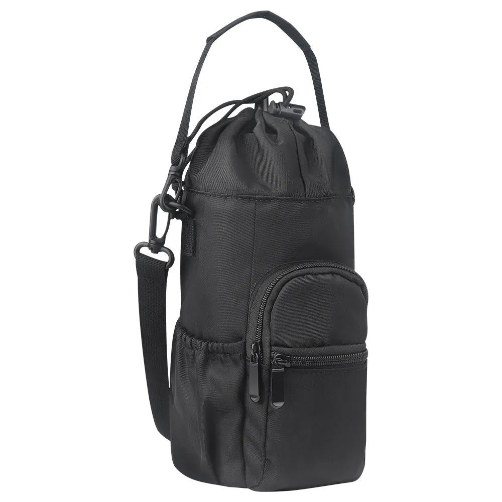 Cloth crossbody water bottle pouch shown in black, green, and pink colours with an adjustable strap.