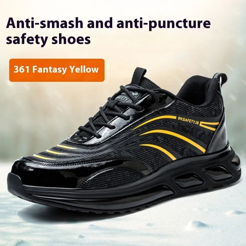 Leather and rubber anti-smashing lightweight labour protection shoes in orange, grey, green, or yellow