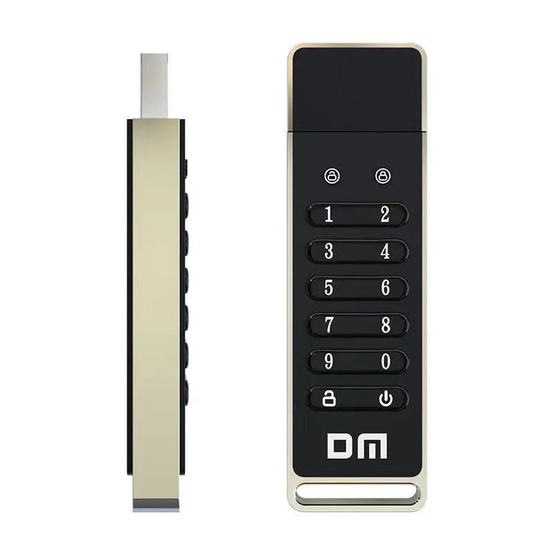 Silver metal encrypted USB flash drive with fingerprint sensor and button, showing 64GB capacity.