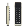 Silver metal encrypted USB flash drive with fingerprint sensor and button, showing 64GB capacity.