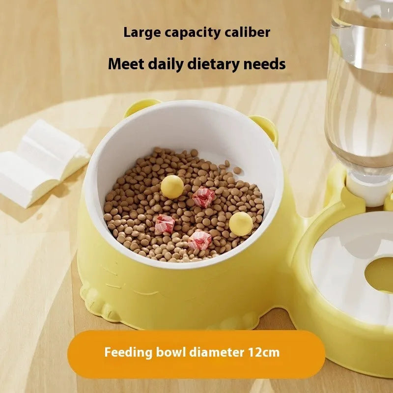 Double bowl automatic cat drinking basin with stainless steel and ceramic surfaces in haze blue colour