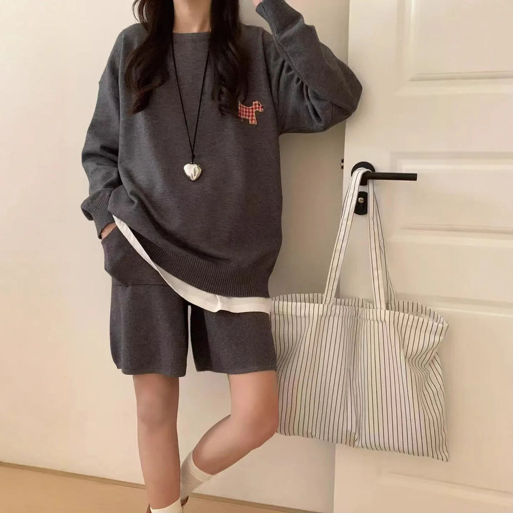Women's knitted sweater shorts suit with embroidery detail in milk blue colour