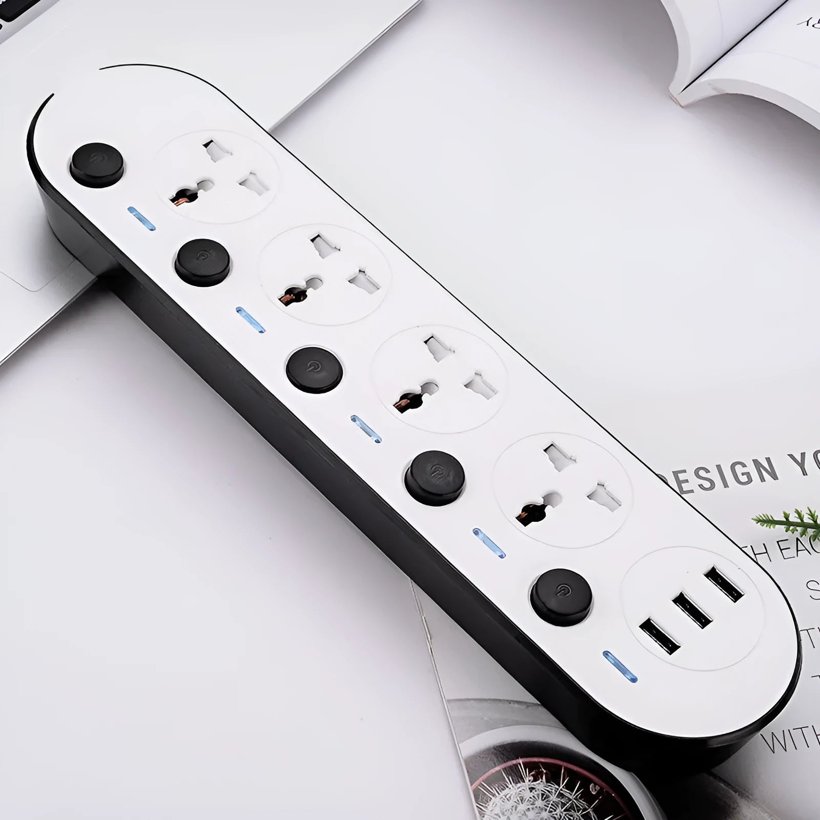 International power strip with four USB ports, switch controls, and choice of cable length