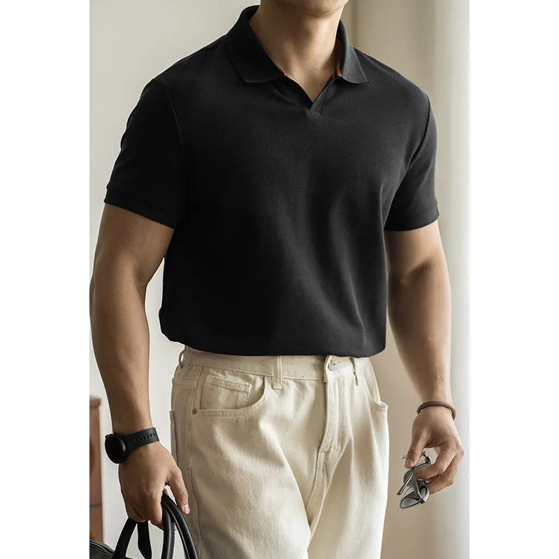 American-style cotton blend short-sleeved polo shirt in blue on a hanger