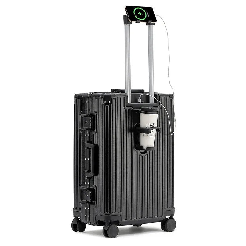 Aluminium frame luggage case in ABS PC material with universal wheels and organisational compartments