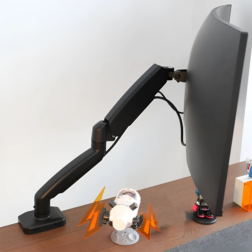 Black table-mounted rotating telescopic LCD screen bracket with adjustable arm extended