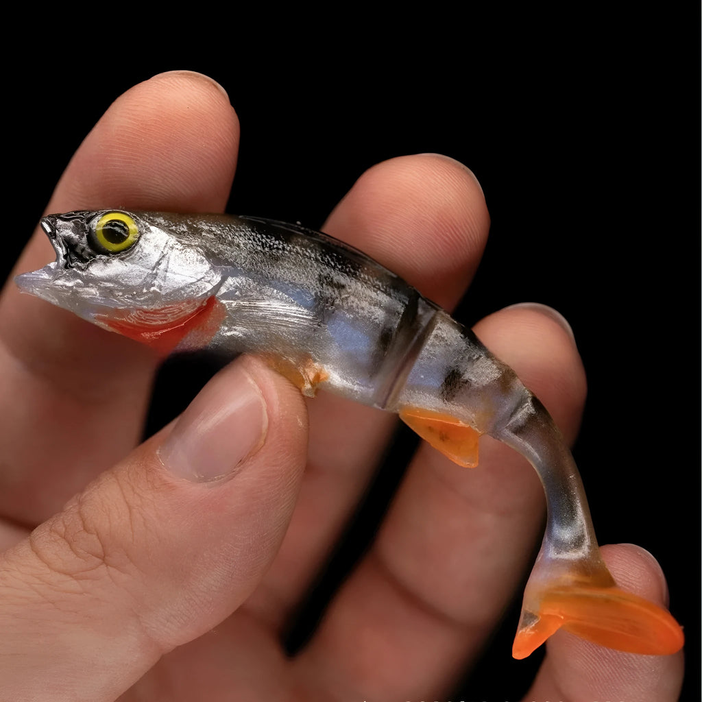 Two soft plastic fishing lures with T-tail design and fish pattern colour scheme