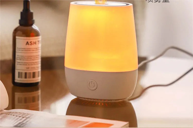 White USB aromatherapy diffuser with simulation flame effect showing dimensions and Type-C connection