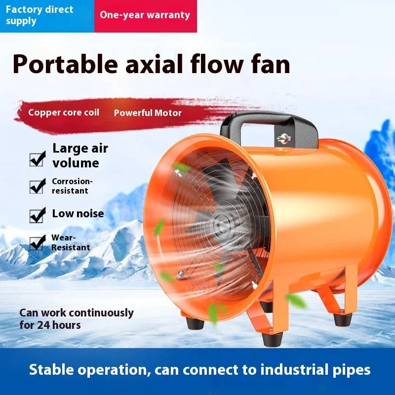 8 inch titanium steel industrial axial flow fan with attached air duct for ventilation.