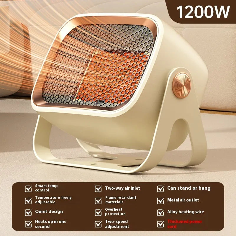 Compact white desktop ceramic heater with control buttons and rotatable base.