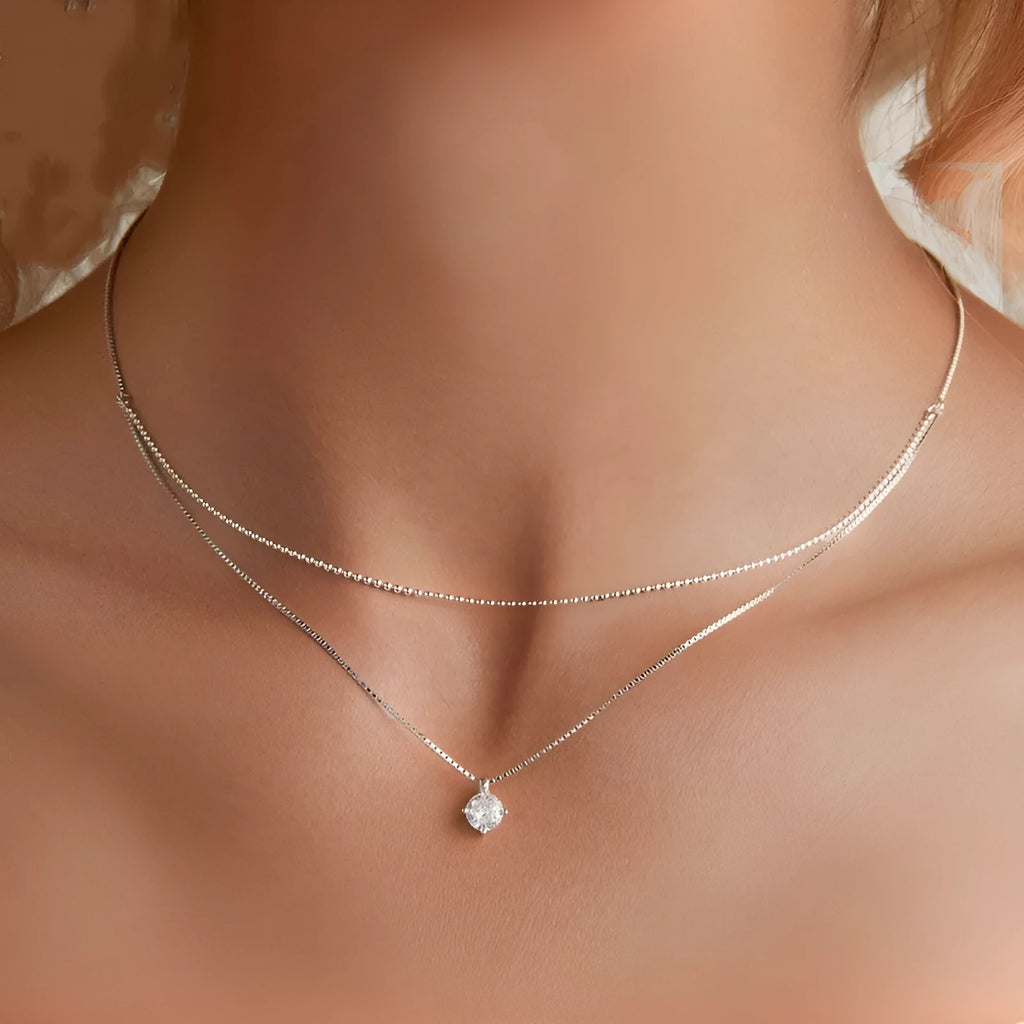 Women's silver double-layer necklace with S925 sterling silver pendant on pearl chain