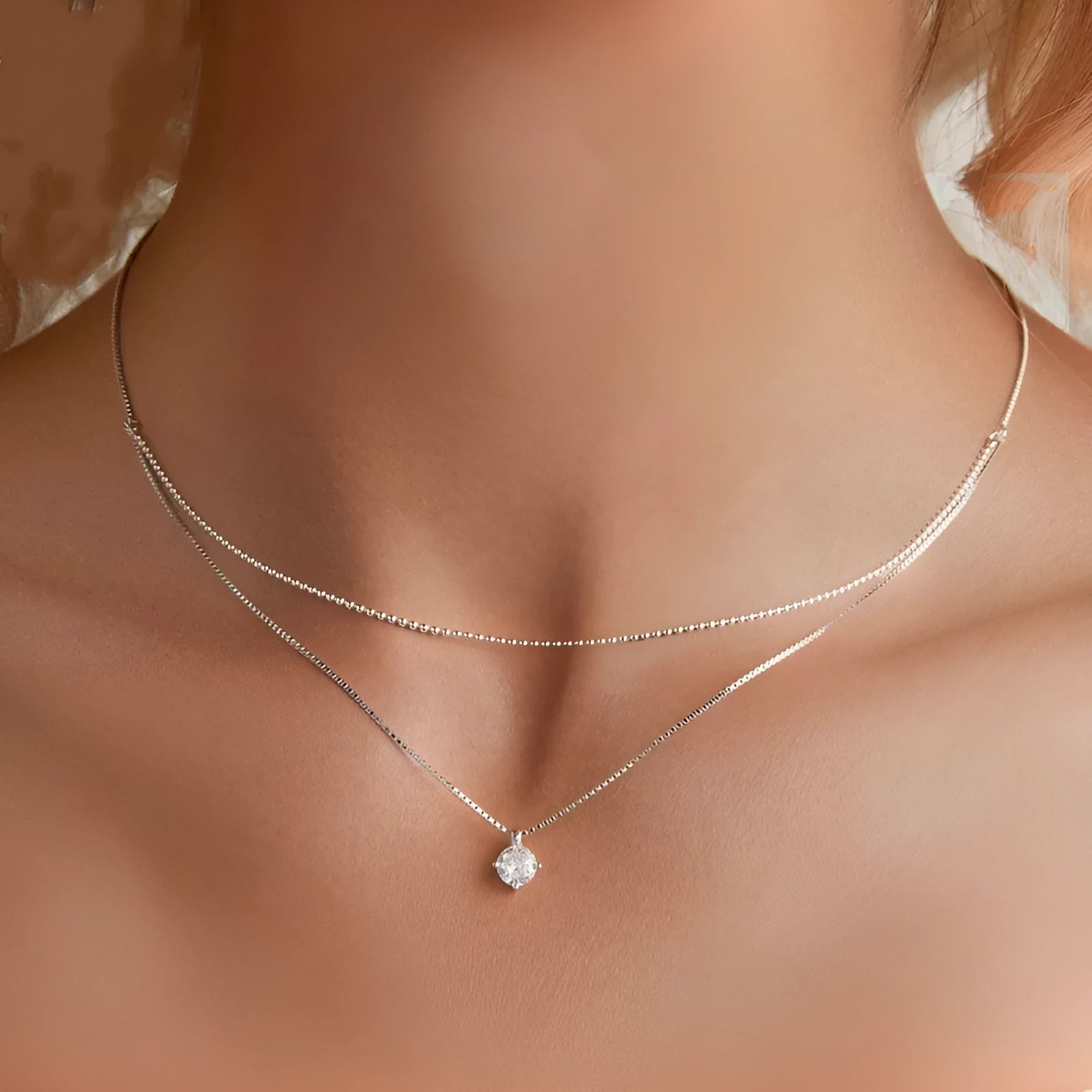 Women's silver double-layer necklace with S925 sterling silver pendant on pearl chain