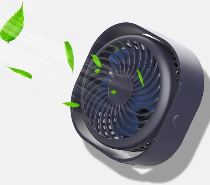 USB desk fan with rotating head in blue, showing rotary switch and compact alarm clock style.